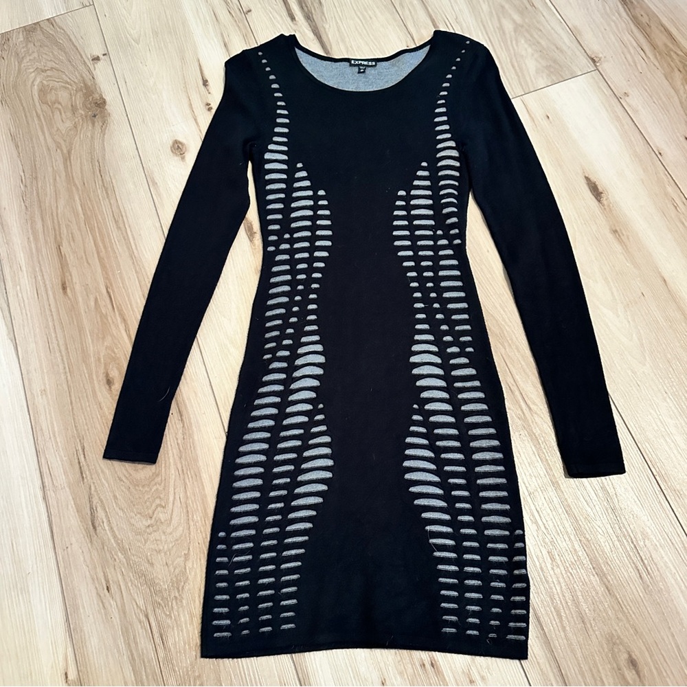Express Black and Gray Design Knit Long Sleeve Dress